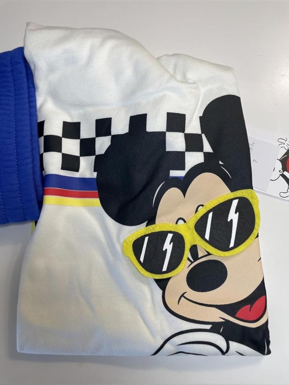 Disney White Mickey Graphic Tee with Yellow Sunglasses and Blue Stripe